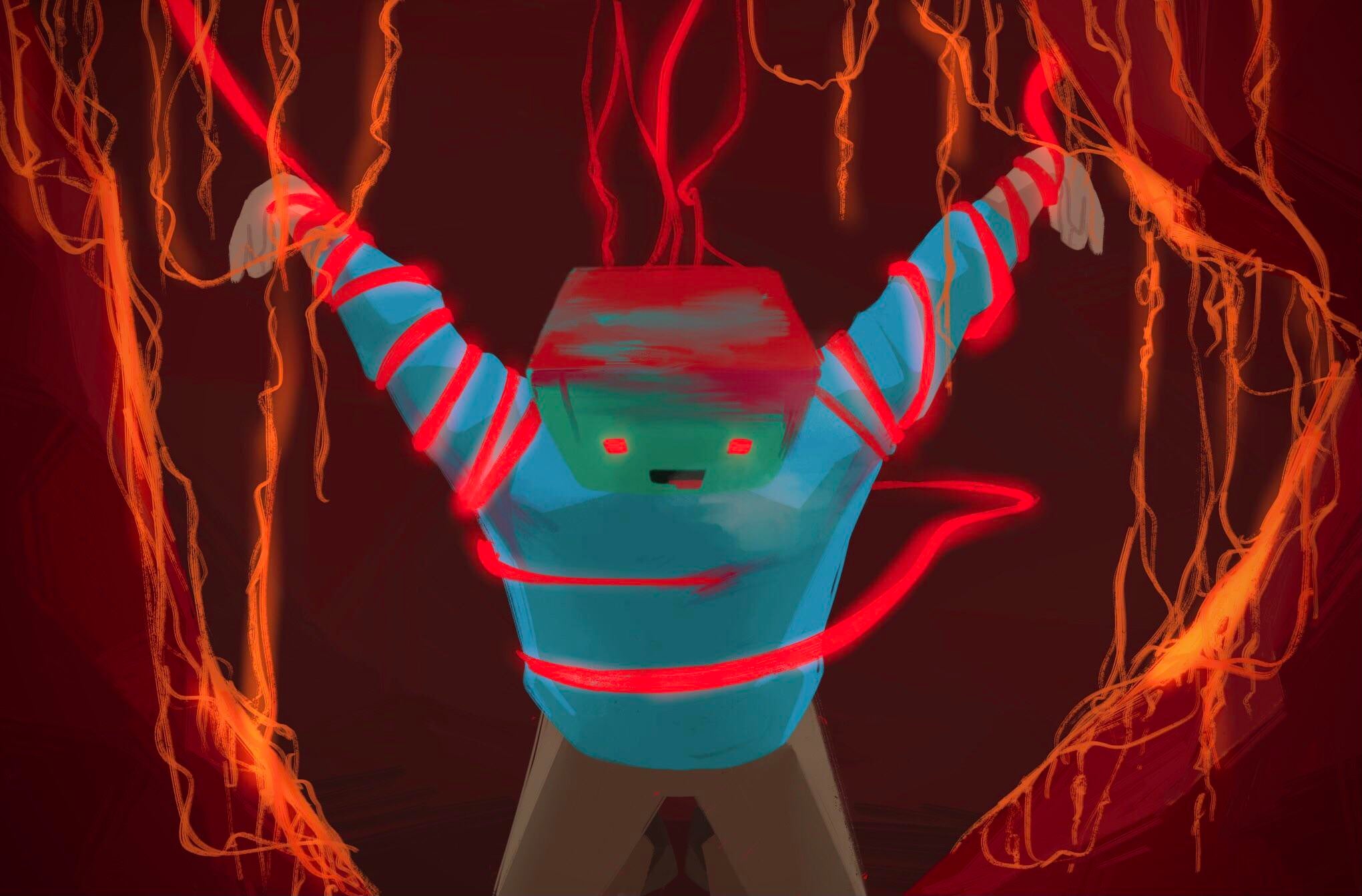 This is a drawing of Skeppy held inside the Egg. He's dressed in his blue sweatshirt and black pants and his head is a bright blue diamond cube. The Egg is holding Skeppy's arms above his head and forcing him down onto his knees. Red vines circle his arms and torso and rest on the top of his head. Skeppy's eyes have turned red. The inside of the Egg is red and stringy, looking like a pumpkin.